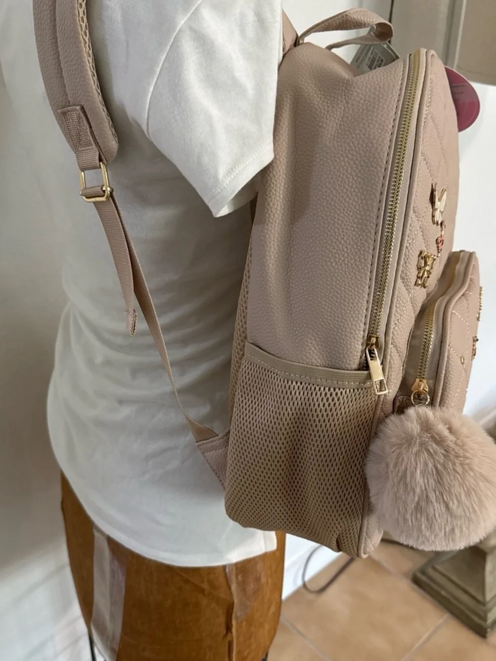 NWT Underonesky Quilted Butterfly Accent Backpack - Beige